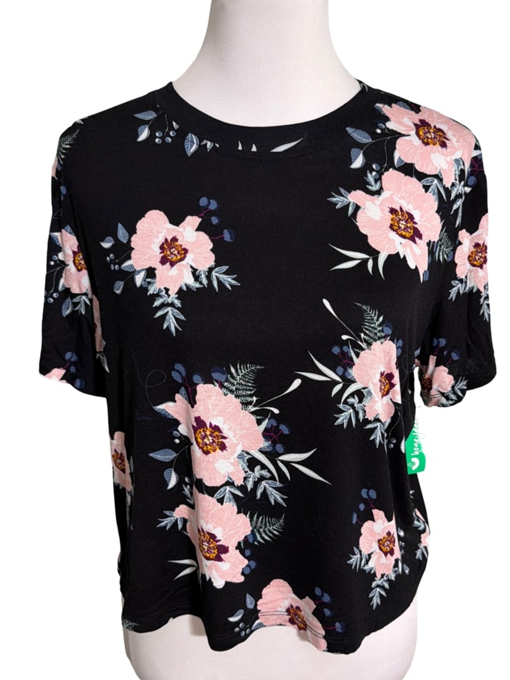 Honeydew USA Black Short Sleeve Top with Pink Floral Print